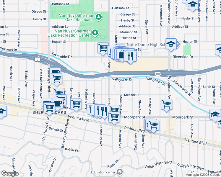 map of restaurants, bars, coffee shops, grocery stores, and more near 4515 1/2 Hazeltine Avenue in Los Angeles