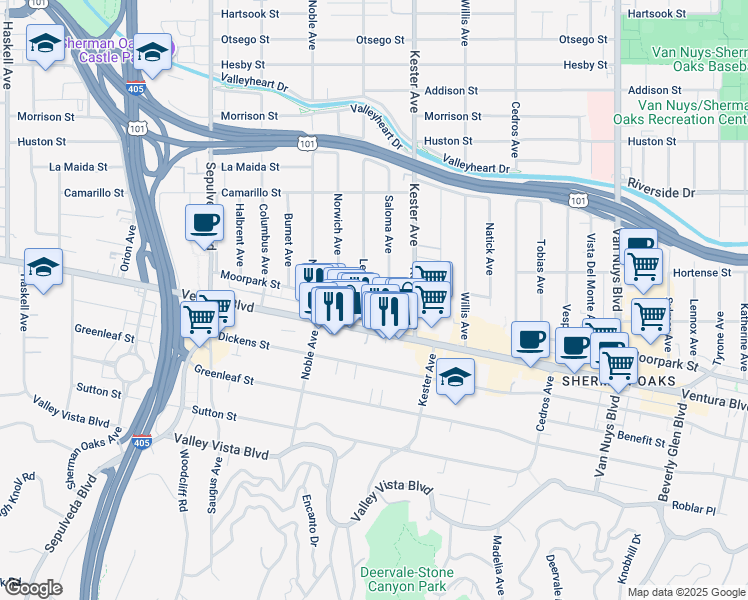 map of restaurants, bars, coffee shops, grocery stores, and more near 14958 Moorpark Street in Los Angeles