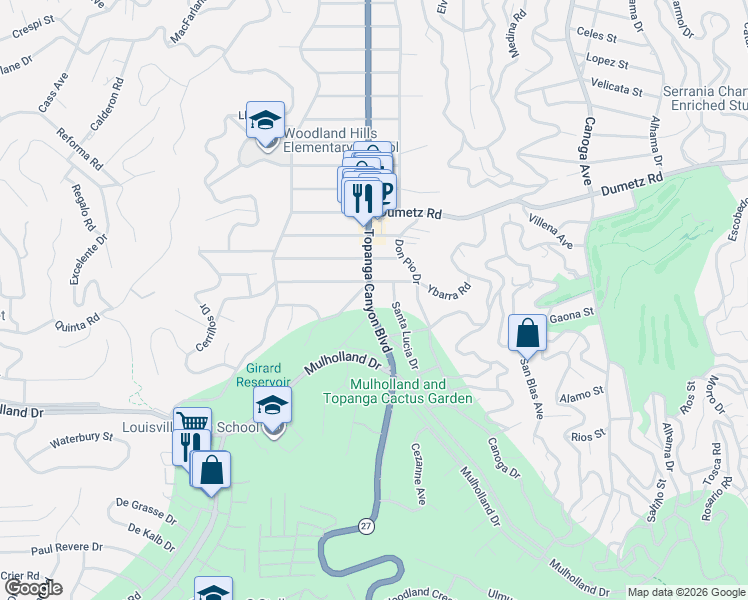 map of restaurants, bars, coffee shops, grocery stores, and more near 4737 Santa Lucia Drive in Los Angeles