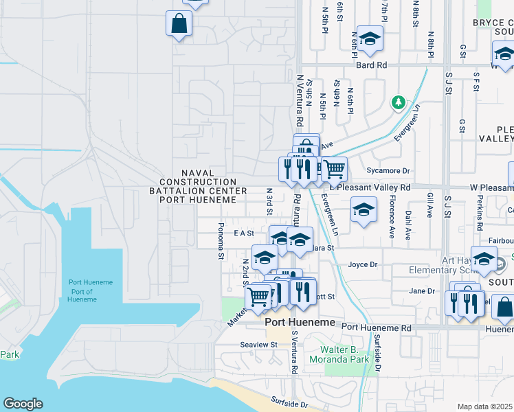 map of restaurants, bars, coffee shops, grocery stores, and more near 247 East B Street in Port Hueneme