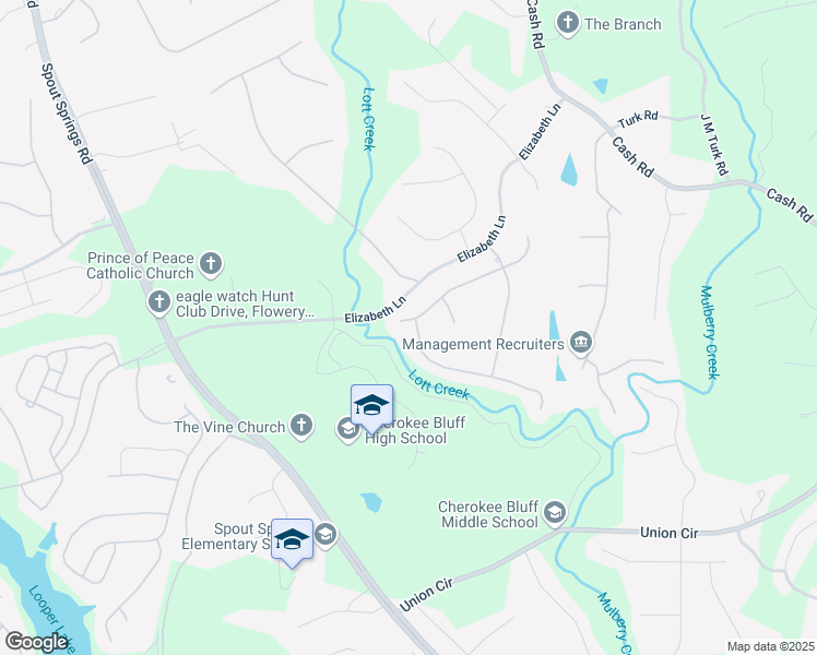 map of restaurants, bars, coffee shops, grocery stores, and more near 5421 Amherst Way in Flowery Branch