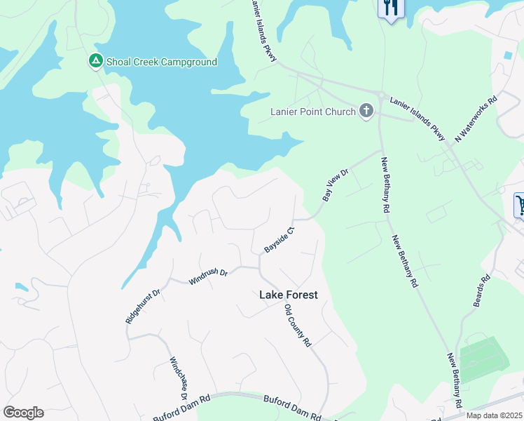map of restaurants, bars, coffee shops, grocery stores, and more near 5812 County Court in Buford