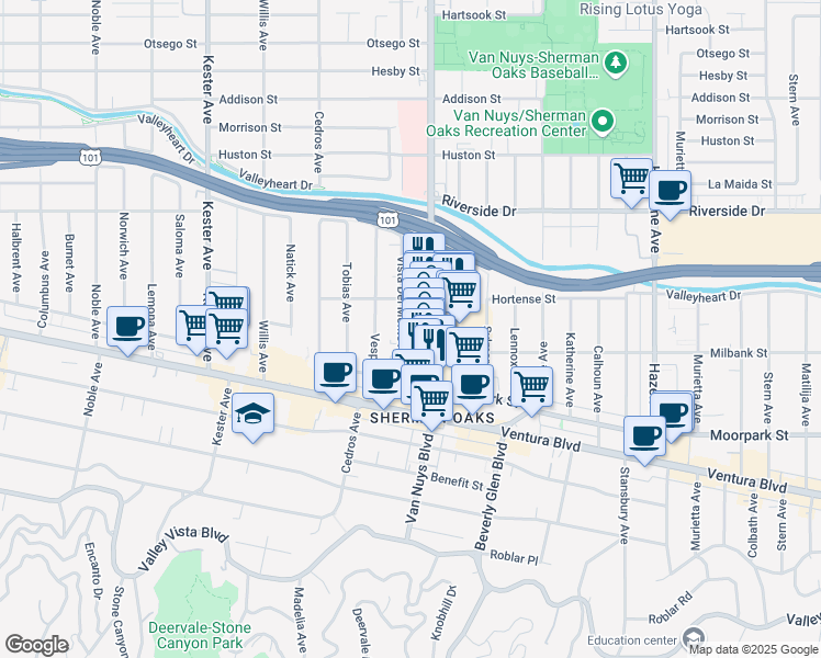 map of restaurants, bars, coffee shops, grocery stores, and more near 4524 Vista Del Monte Avenue in Los Angeles