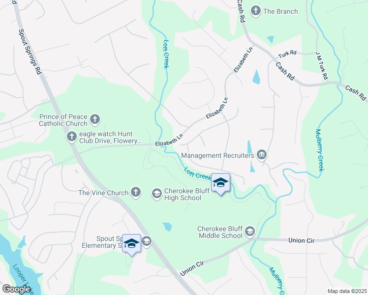 map of restaurants, bars, coffee shops, grocery stores, and more near 5421 Amherst Way in Flowery Branch