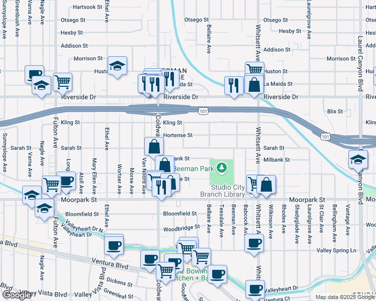 map of restaurants, bars, coffee shops, grocery stores, and more near 12801 Milbank Street in Los Angeles