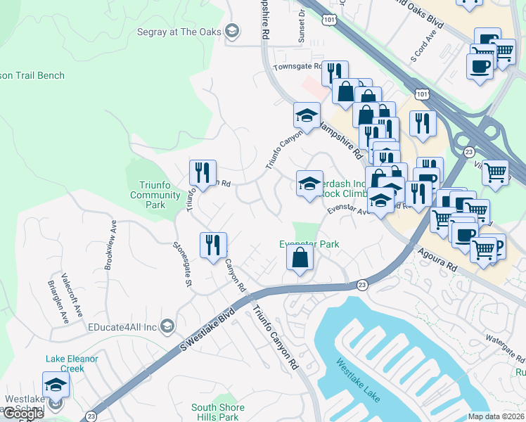 map of restaurants, bars, coffee shops, grocery stores, and more near 957 Ranch House Road in Westlake Village