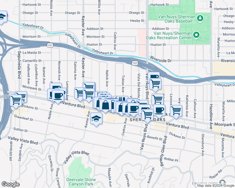 map of restaurants, bars, coffee shops, grocery stores, and more near 4524 Cedros Avenue in Los Angeles