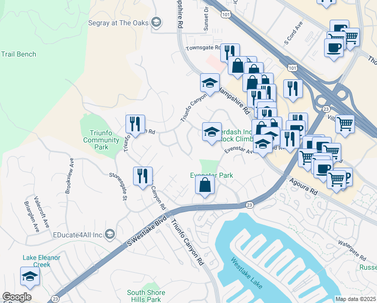 map of restaurants, bars, coffee shops, grocery stores, and more near 958 Ranch House Road in Westlake Village
