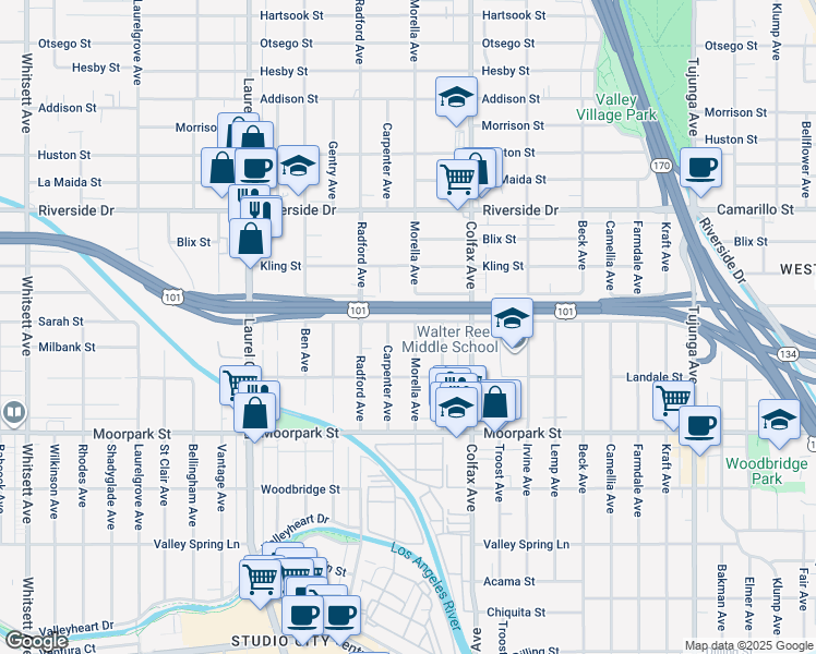 map of restaurants, bars, coffee shops, grocery stores, and more near 4559 Morella Avenue in Los Angeles