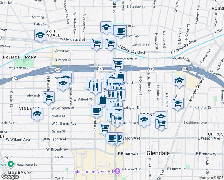 map of restaurants, bars, coffee shops, grocery stores, and more near 525 North Brand Boulevard in Glendale