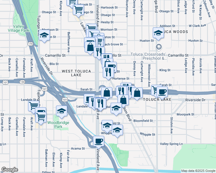 map of restaurants, bars, coffee shops, grocery stores, and more near 4605 Lankershim Boulevard in Los Angeles