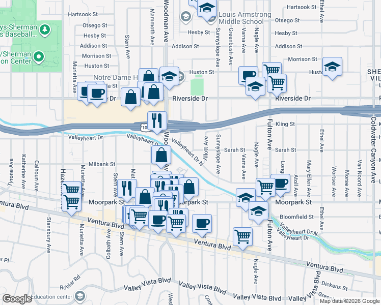 map of restaurants, bars, coffee shops, grocery stores, and more near 4601 Ventura Canyon Avenue in Los Angeles