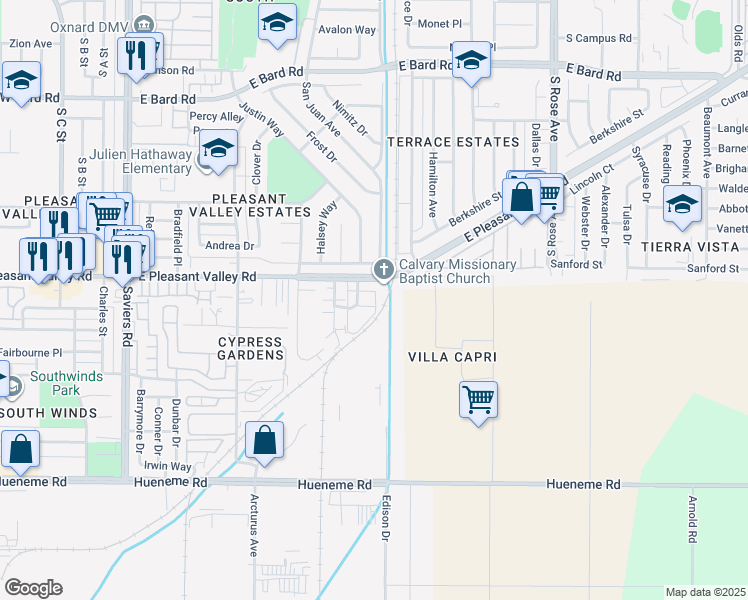 map of restaurants, bars, coffee shops, grocery stores, and more near 5144 Longfellow Way in Oxnard