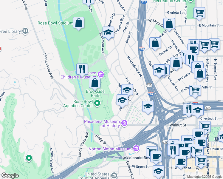 map of restaurants, bars, coffee shops, grocery stores, and more near 521 Fremont Drive in Pasadena
