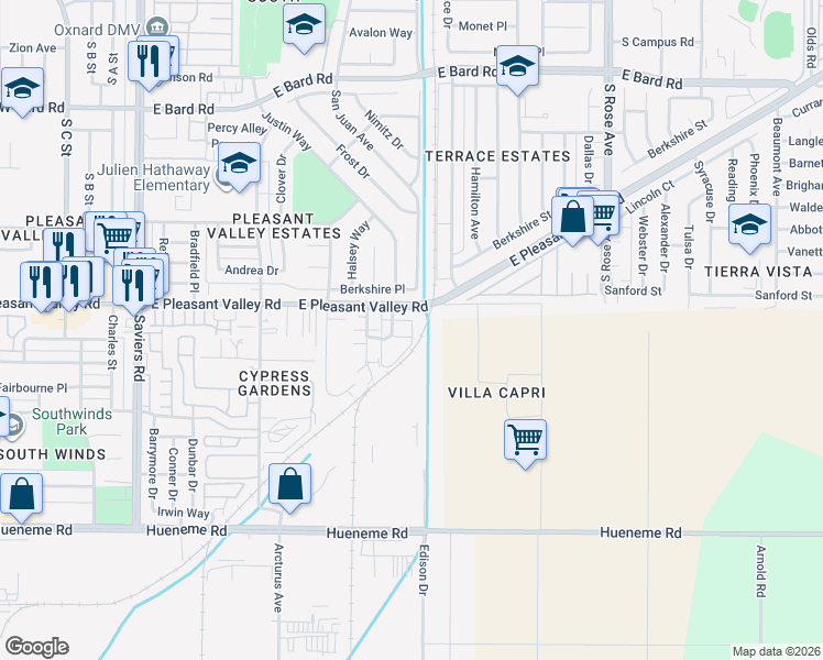 map of restaurants, bars, coffee shops, grocery stores, and more near 5182 Longfellow Way in Oxnard