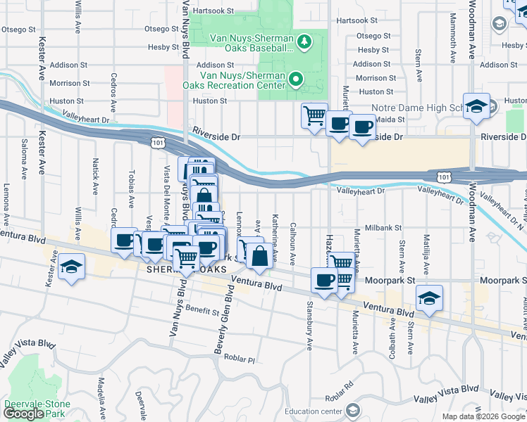 map of restaurants, bars, coffee shops, grocery stores, and more near 4530 Tyrone Avenue in Los Angeles
