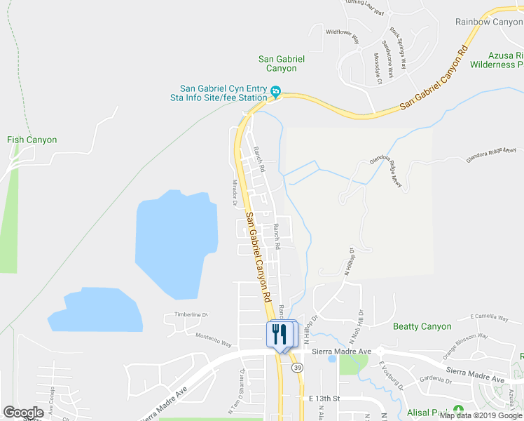 map of restaurants, bars, coffee shops, grocery stores, and more near 47 Crystal Canyon Drive in Azusa