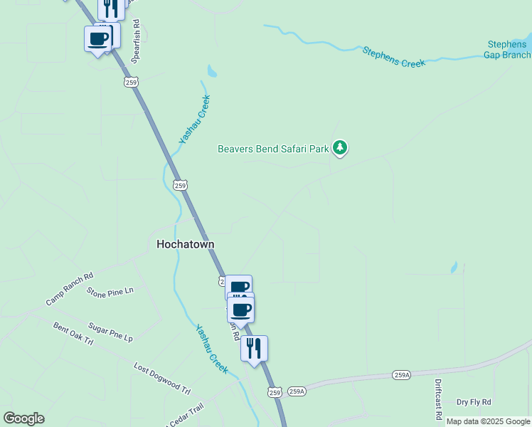 map of restaurants, bars, coffee shops, grocery stores, and more near 42 Paradise Lane in Broken Bow