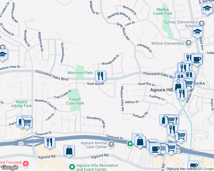map of restaurants, bars, coffee shops, grocery stores, and more near 29603 Lazy Oak Place in Agoura Hills