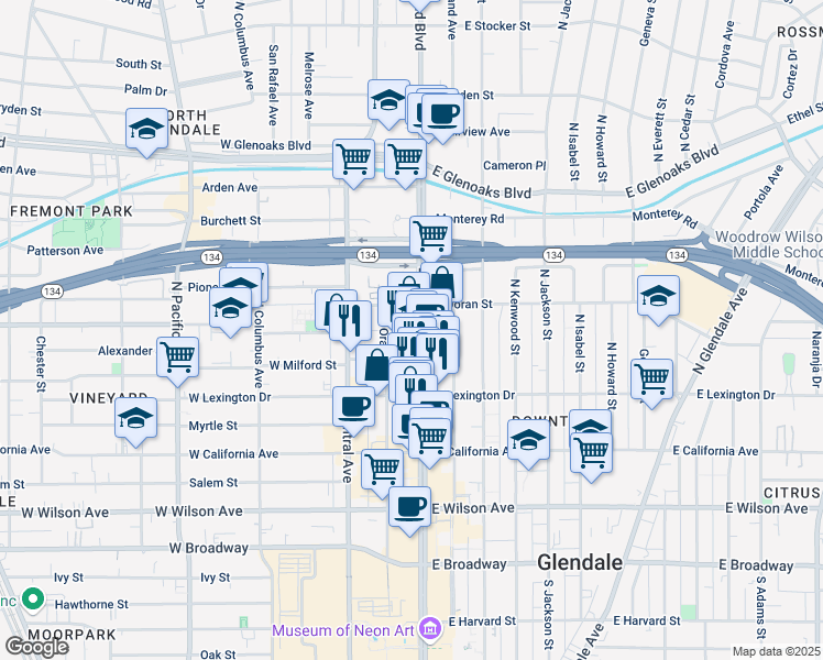 map of restaurants, bars, coffee shops, grocery stores, and more near 505 North Brand Boulevard in Glendale