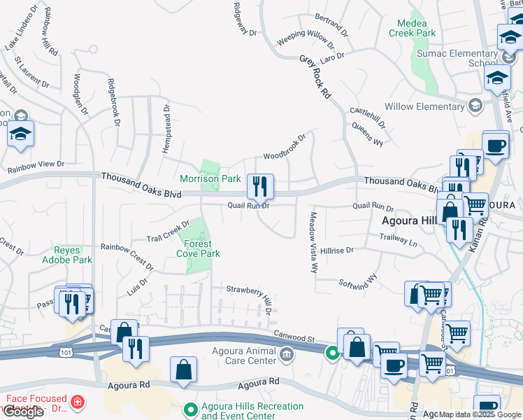 map of restaurants, bars, coffee shops, grocery stores, and more near 5692 Walnut Ridge Drive in Agoura Hills