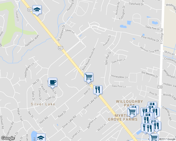 map of restaurants, bars, coffee shops, grocery stores, and more near 4216 Winding Branches Drive in Wilmington