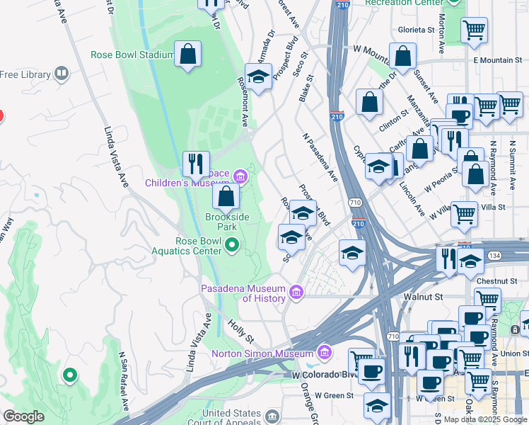 map of restaurants, bars, coffee shops, grocery stores, and more near 521 Fremont Drive in Pasadena