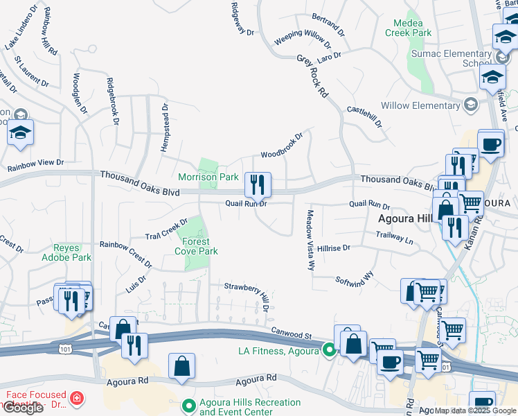 map of restaurants, bars, coffee shops, grocery stores, and more near 5692 Walnut Ridge Drive in Agoura Hills