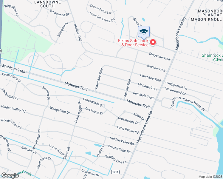map of restaurants, bars, coffee shops, grocery stores, and more near 218-222 Mohican Trail in Wilmington