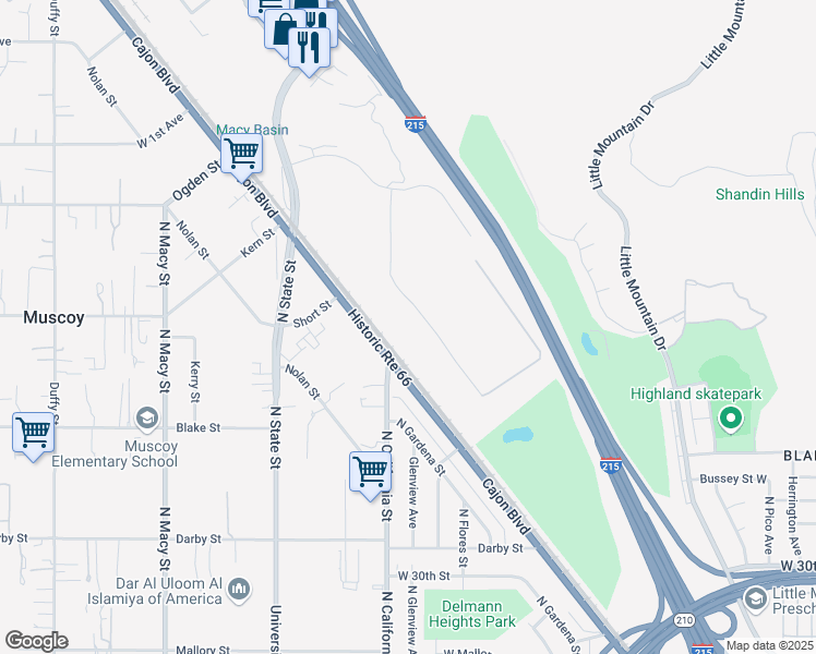 map of restaurants, bars, coffee shops, grocery stores, and more near North Mike Daley Drive in San Bernardino