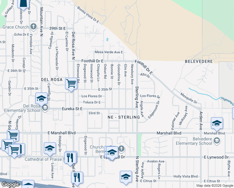 map of restaurants, bars, coffee shops, grocery stores, and more near 5510 Golondrina Drive in San Bernardino