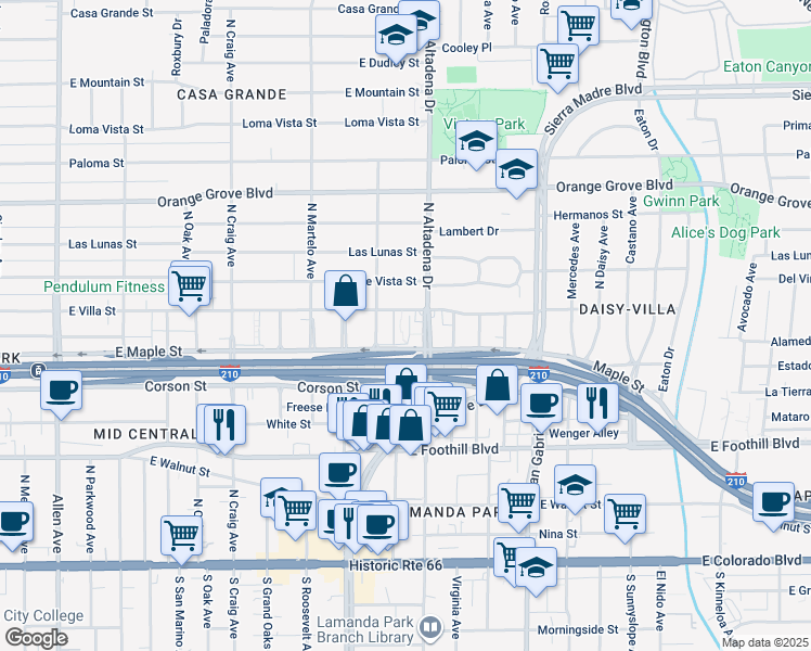 map of restaurants, bars, coffee shops, grocery stores, and more near 2481 Wagner Street in Pasadena