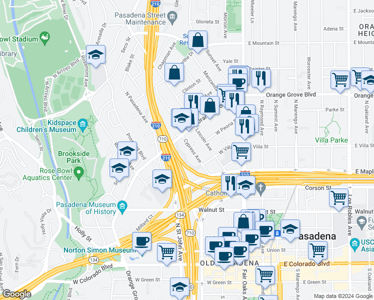 map of restaurants, bars, coffee shops, grocery stores, and more near 537 Cypress Avenue in Pasadena