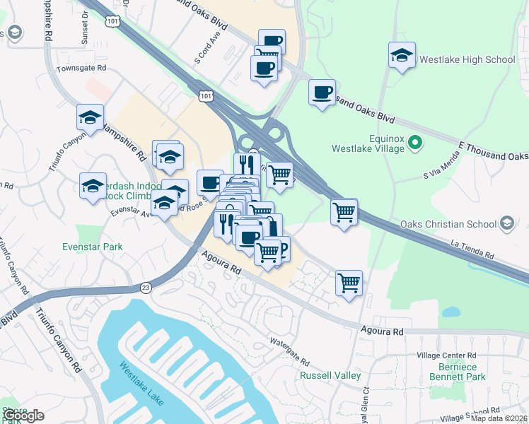 map of restaurants, bars, coffee shops, grocery stores, and more near 966 South Westlake Boulevard in Thousand Oaks