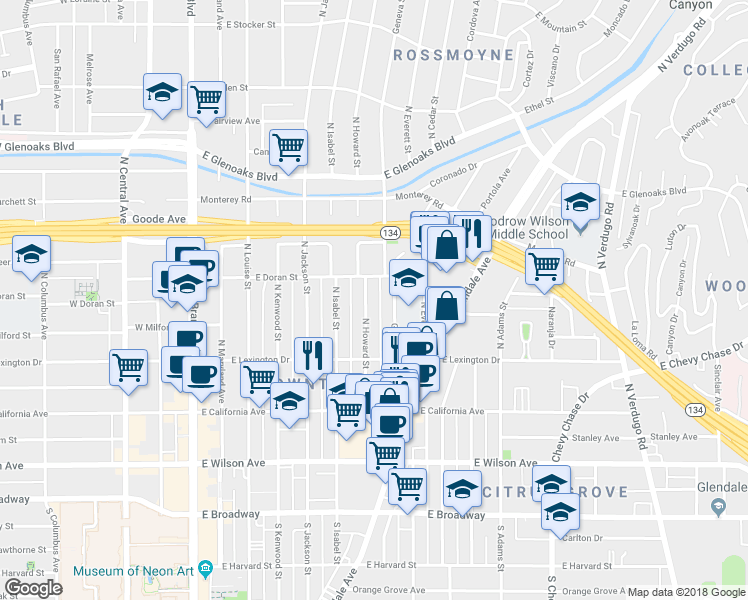 map of restaurants, bars, coffee shops, grocery stores, and more near 520 North Howard Street in Glendale
