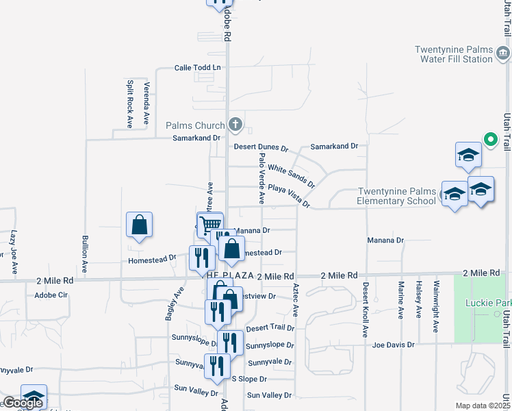 map of restaurants, bars, coffee shops, grocery stores, and more near 73785 Siesta Drive in Twentynine Palms
