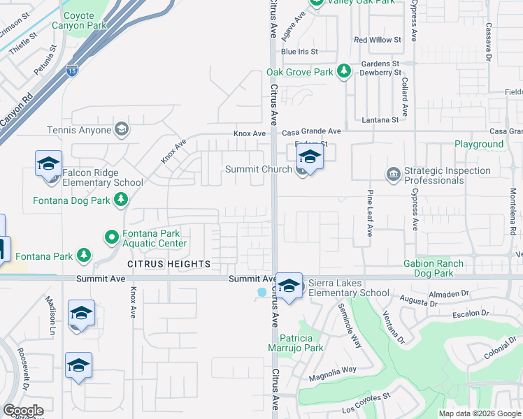 map of restaurants, bars, coffee shops, grocery stores, and more near 5524 Bertini Way in Fontana