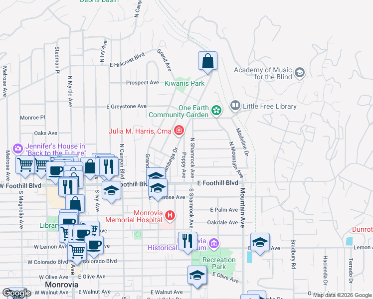 map of restaurants, bars, coffee shops, grocery stores, and more near 205 Poppy Avenue in Monrovia