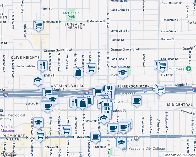 map of restaurants, bars, coffee shops, grocery stores, and more near 431 North Holliston Avenue in Pasadena