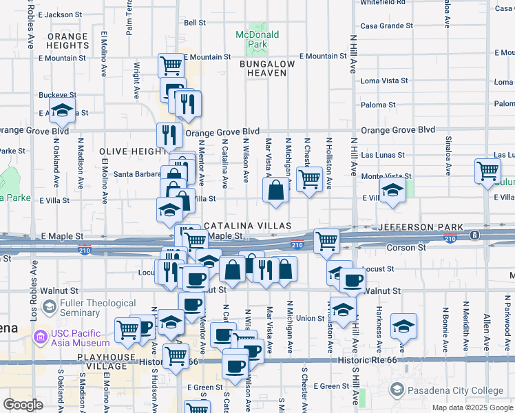 map of restaurants, bars, coffee shops, grocery stores, and more near 432 North Wilson Avenue in Pasadena