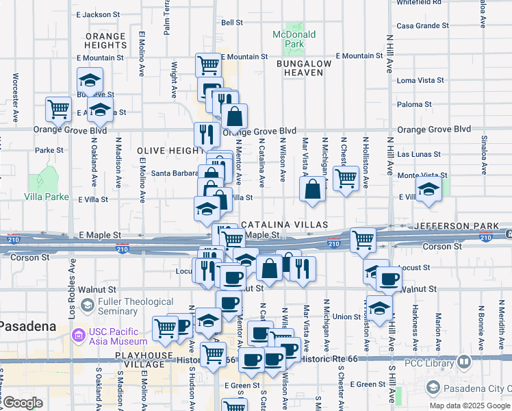 map of restaurants, bars, coffee shops, grocery stores, and more near 437 North Catalina Avenue in Pasadena
