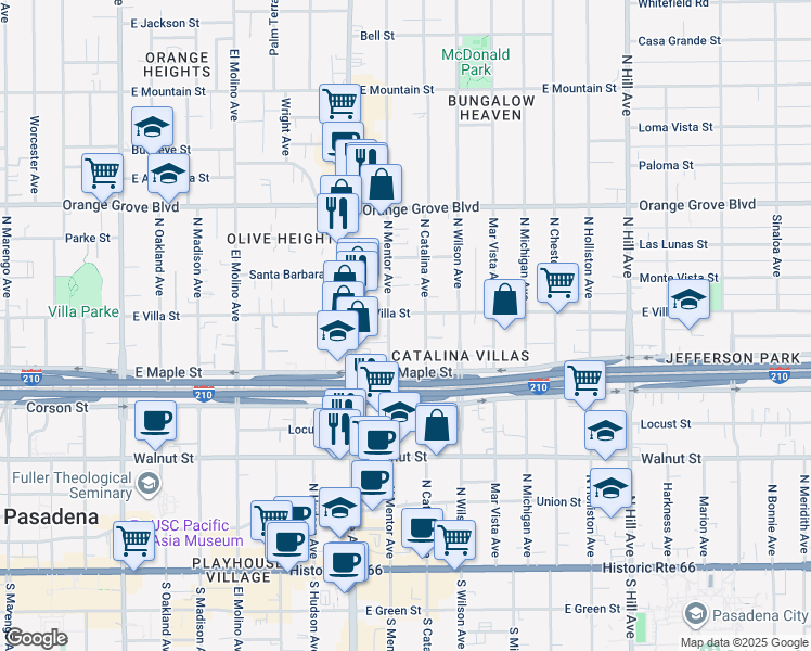 map of restaurants, bars, coffee shops, grocery stores, and more near 431 North Mentor Avenue in Pasadena