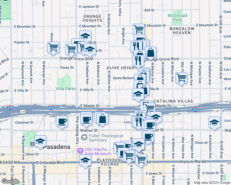 map of restaurants, bars, coffee shops, grocery stores, and more near 434 Maple Way in Pasadena
