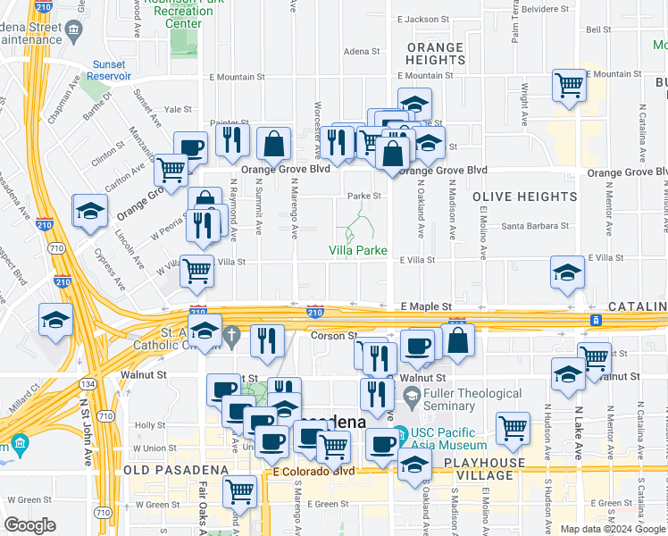 map of restaurants, bars, coffee shops, grocery stores, and more near 425 Garfield Avenue in Pasadena