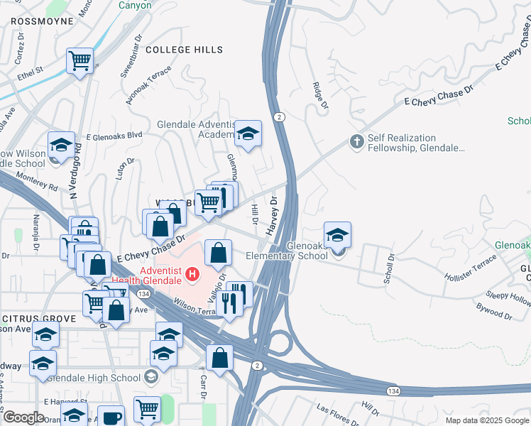 map of restaurants, bars, coffee shops, grocery stores, and more near 1917 Eden Avenue in Glendale