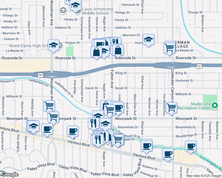 map of restaurants, bars, coffee shops, grocery stores, and more near 4549 Longridge Avenue in Los Angeles