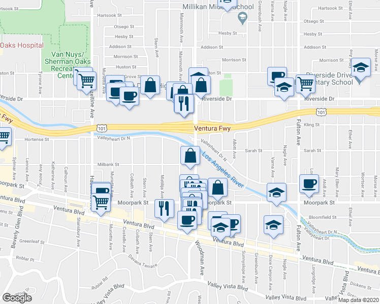 map of restaurants, bars, coffee shops, grocery stores, and more near 4522 Woodman Avenue in Los Angeles