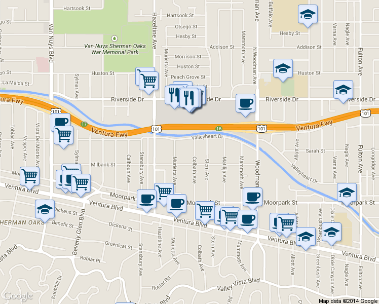 map of restaurants, bars, coffee shops, grocery stores, and more near 4505 Colbath Avenue in Los Angeles