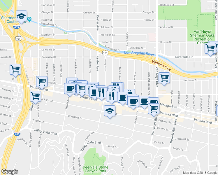 map of restaurants, bars, coffee shops, grocery stores, and more near 14845 Ventura Boulevard in Los Angeles
