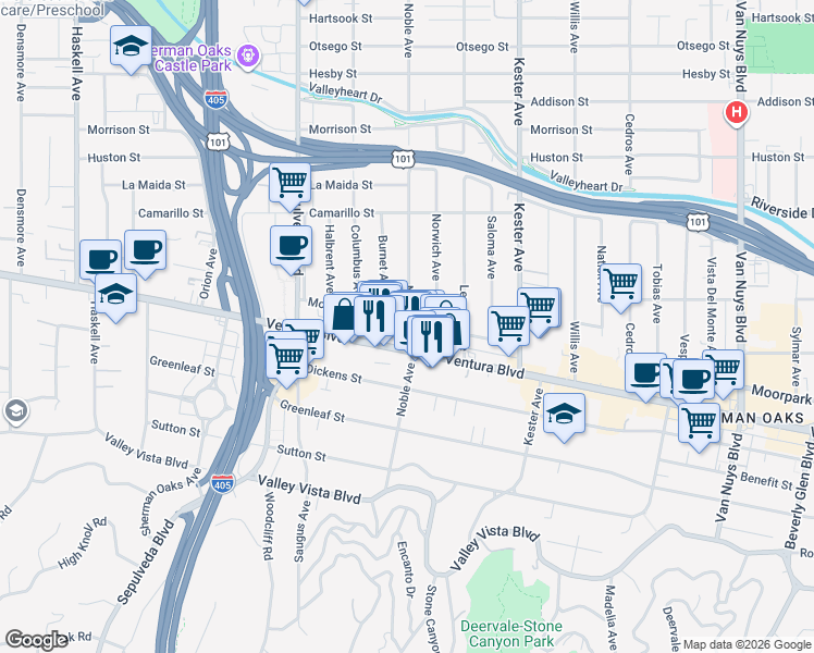 map of restaurants, bars, coffee shops, grocery stores, and more near 15125 Ventura Boulevard in Los Angeles